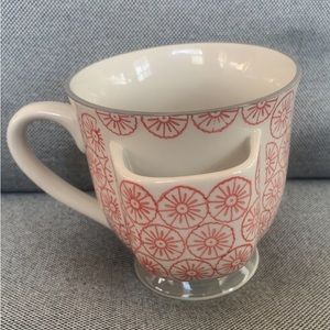 Creative Co-op Ceramic Teacup Red Starburst Design Mug w/Tea Bag Holder 12 oz